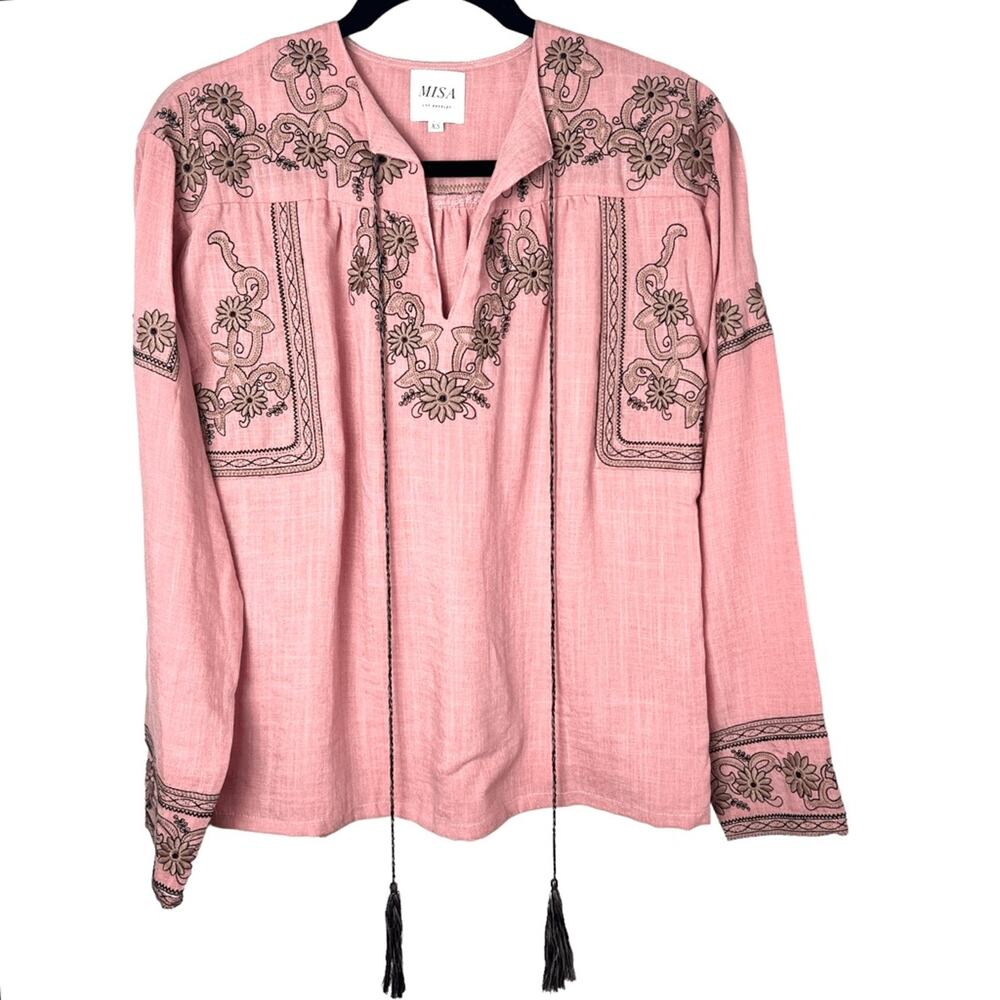 NWOT MISA Los Angeles Embroidered Boho Long Sleeve Blouse Pink Sz XS